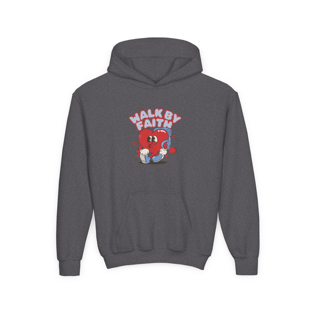 Youth Hoodie — 'Walk by Faith' Cute Heart Character Graphic Sweatshirt