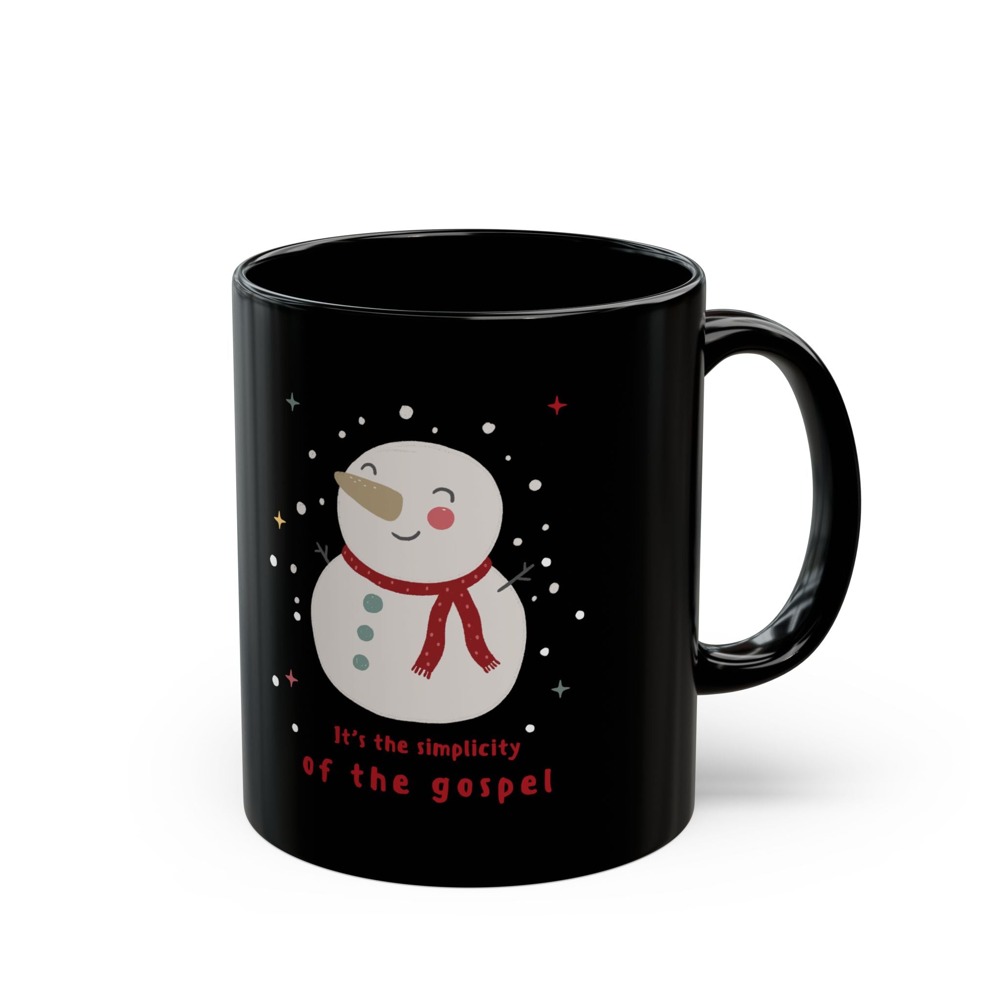 Christmas Snowman Mug — "It's the Simplicity of the Gospel" Black Ceramic Coffee Cup