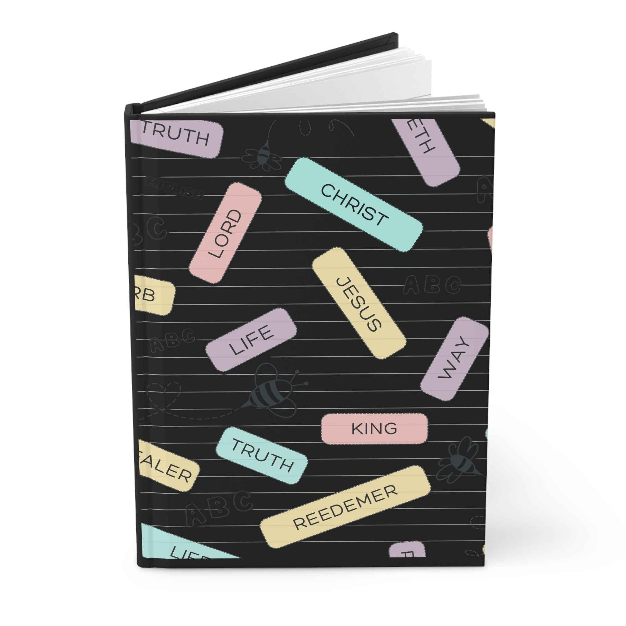 Christian Words Hardcover Journal — Pastel Faith Labels on Black