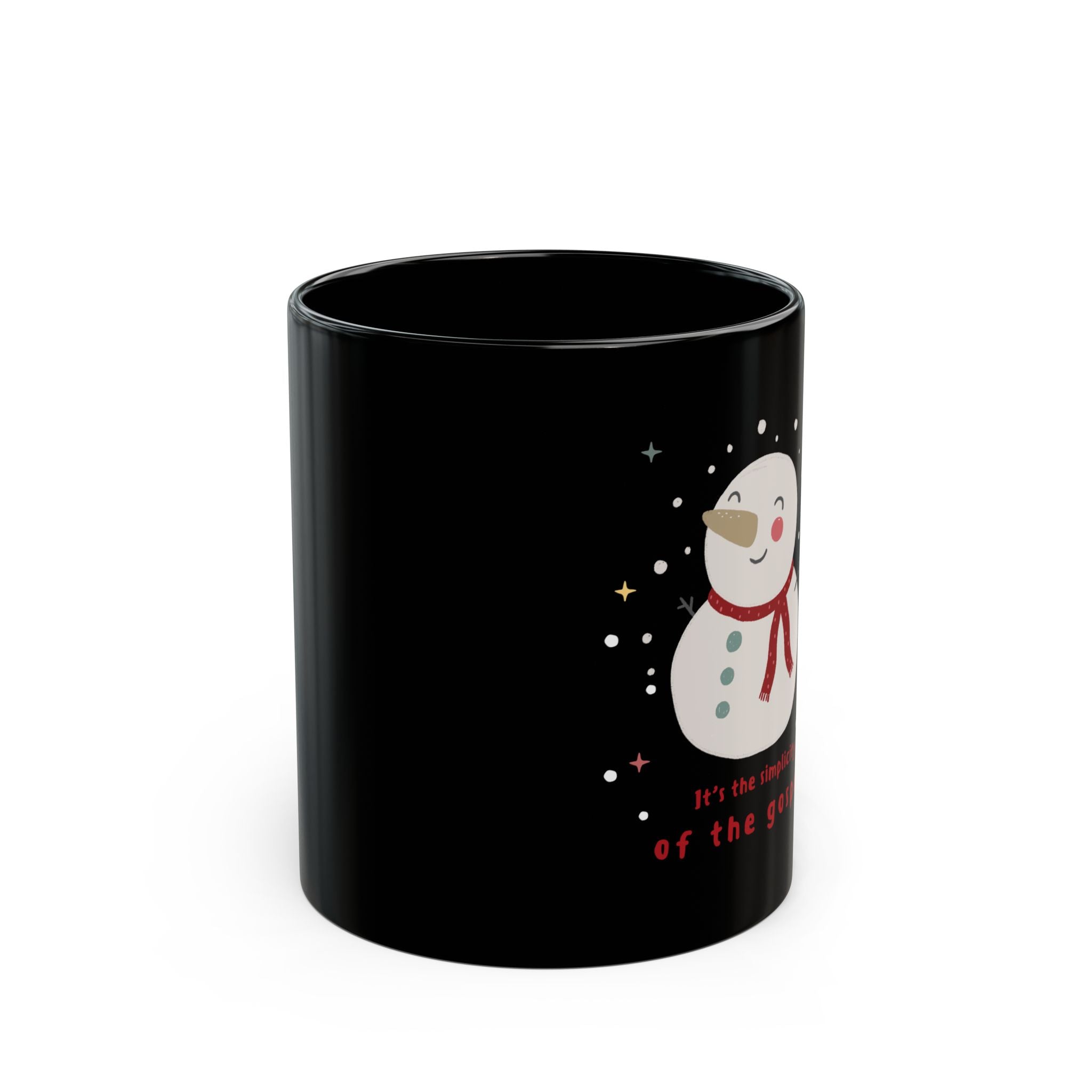 Christmas Snowman Mug — "It's the Simplicity of the Gospel" Black Ceramic Coffee Cup