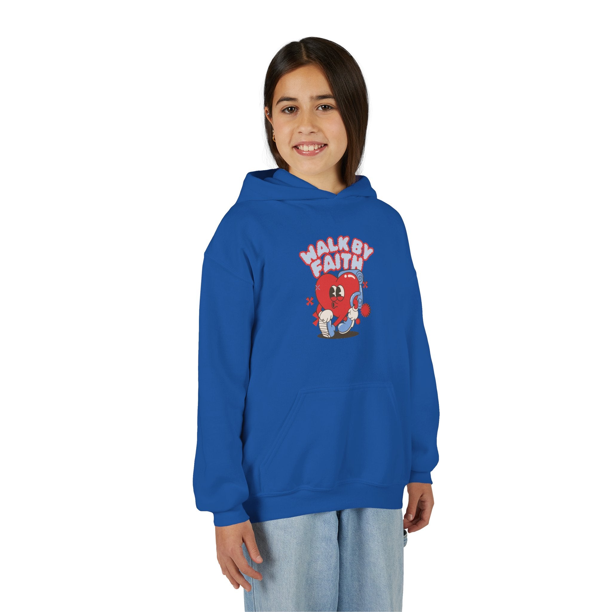 Youth Hoodie — 'Walk by Faith' Cute Heart Character Graphic Sweatshirt