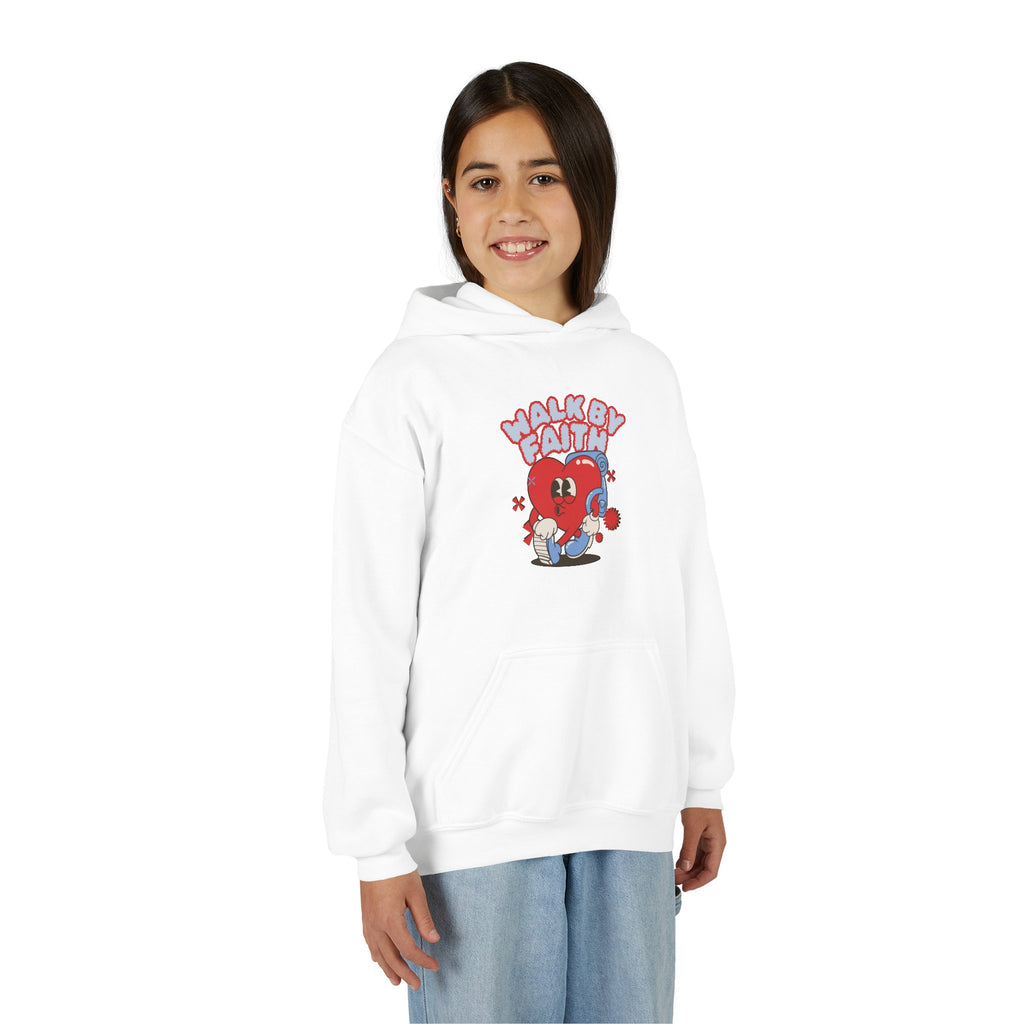 Youth Hoodie — 'Walk by Faith' Cute Heart Character Graphic Sweatshirt