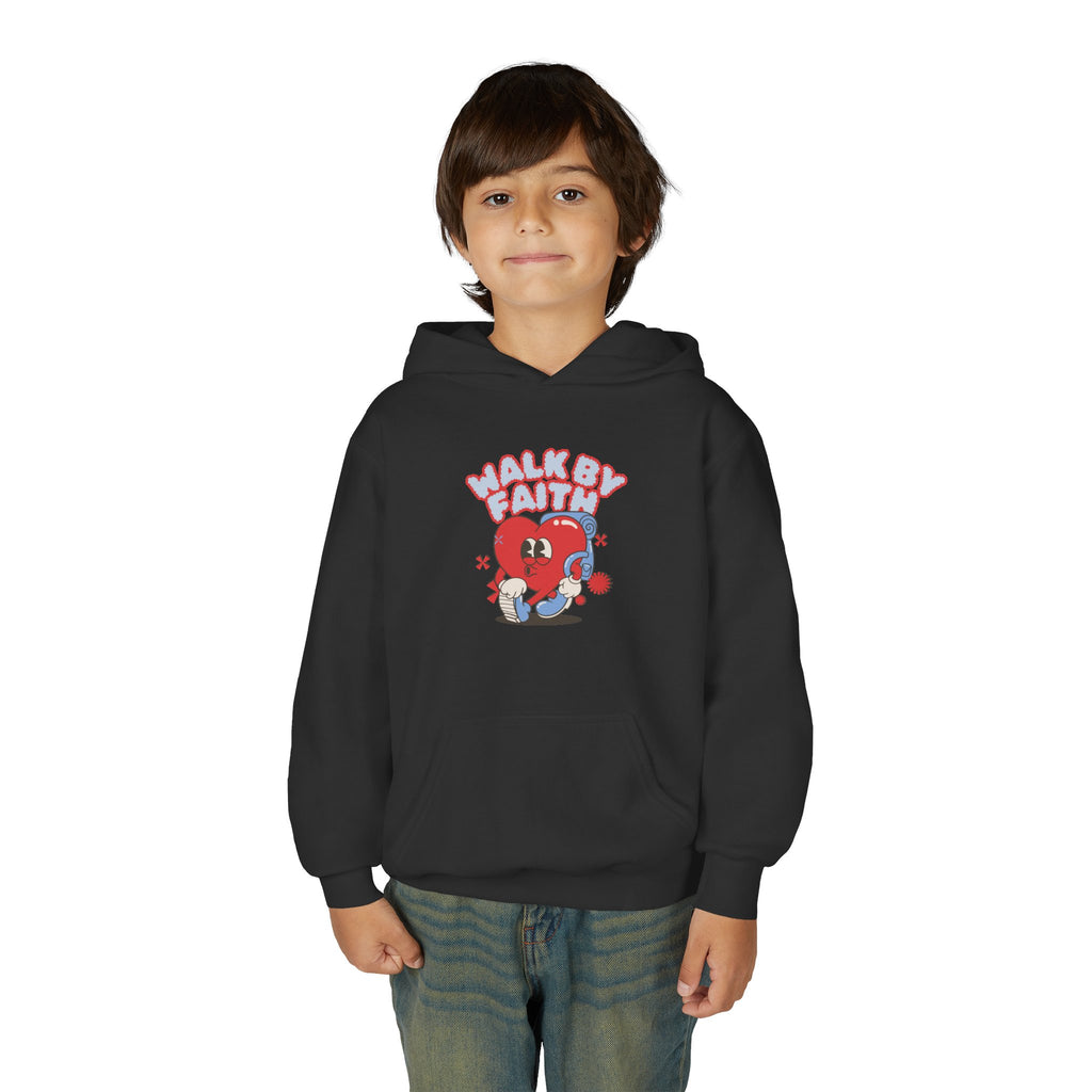 Youth Hoodie — 'Walk by Faith' Cute Heart Character Graphic Sweatshirt