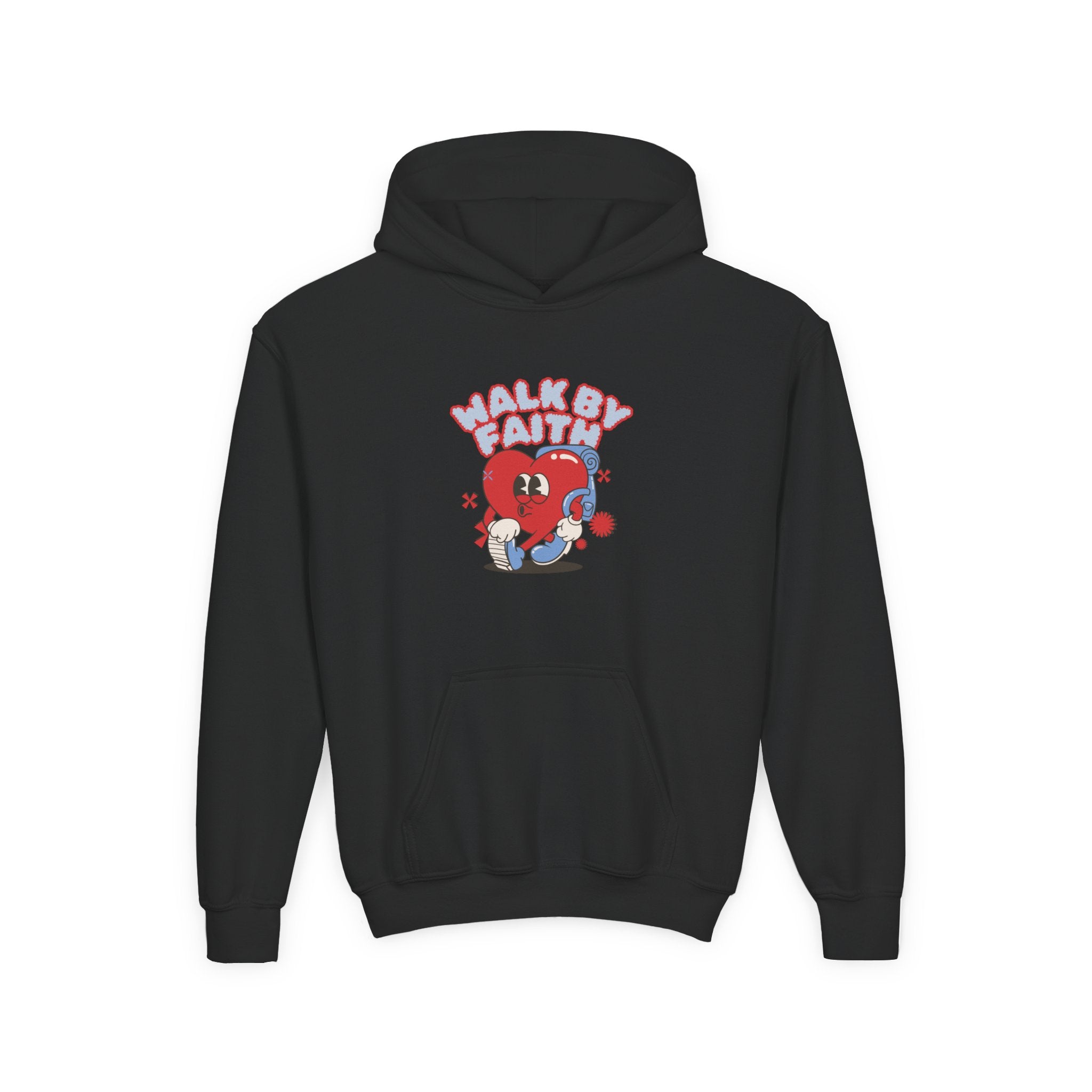 Youth Hoodie — 'Walk by Faith' Cute Heart Character Graphic Sweatshirt