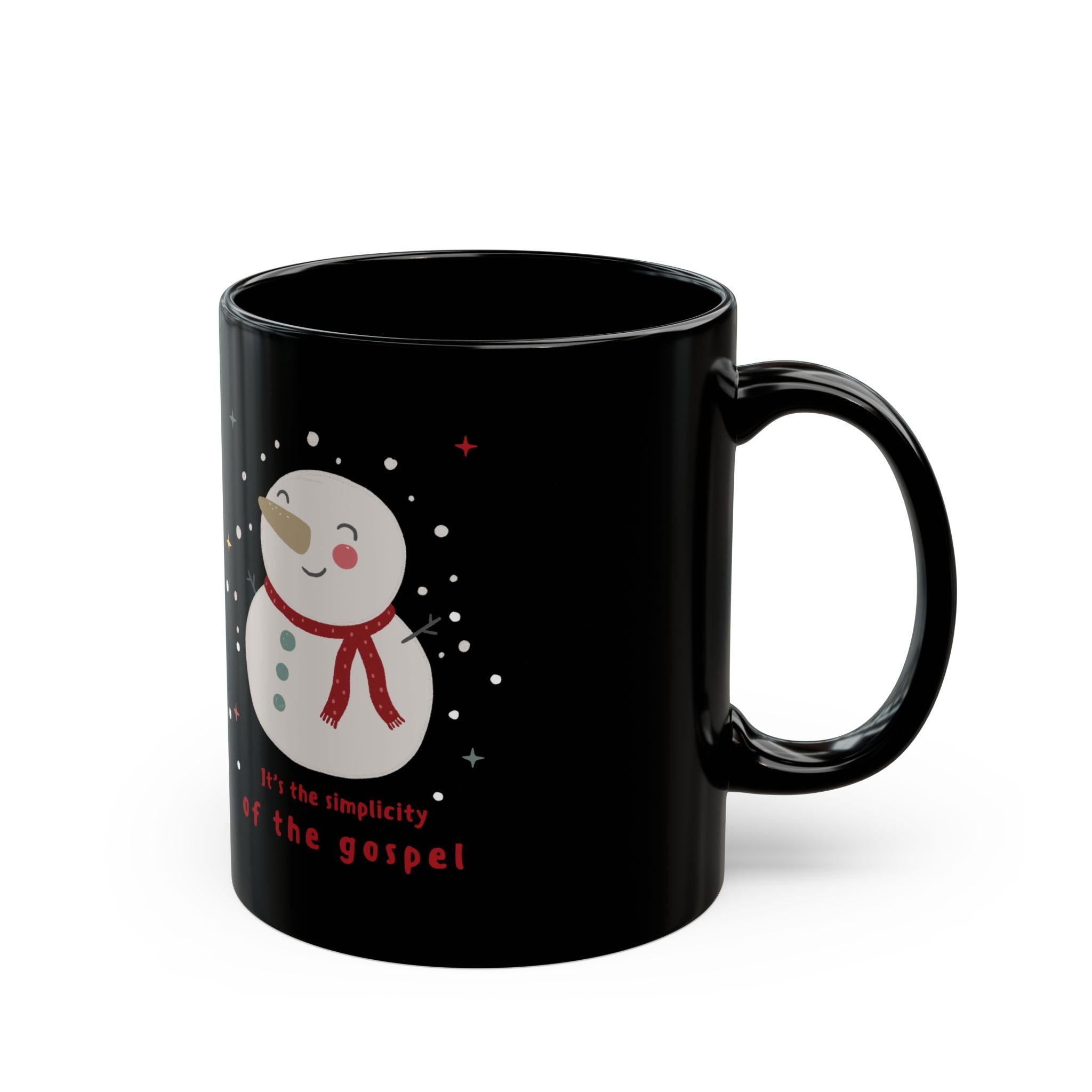 Christmas Snowman Mug — "It's the Simplicity of the Gospel" Black Ceramic Coffee Cup