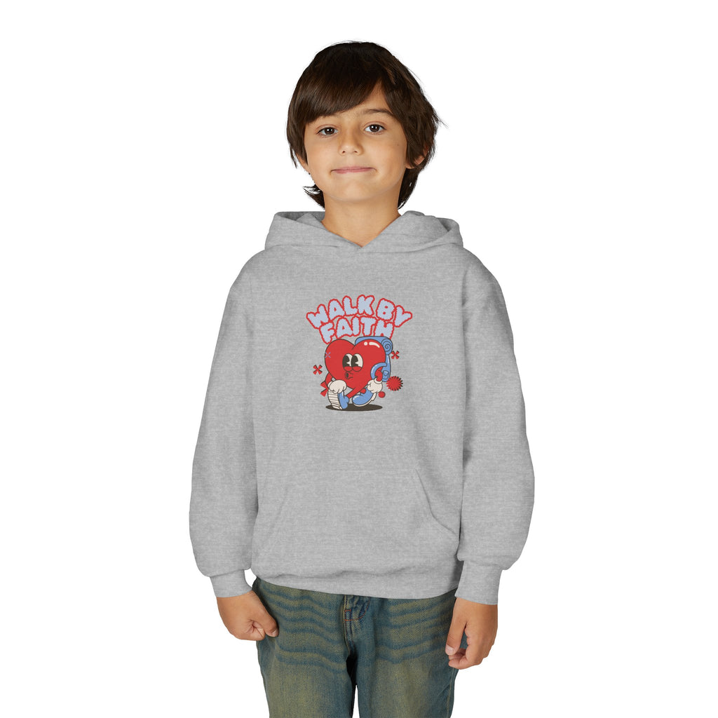 Youth Hoodie — 'Walk by Faith' Cute Heart Character Graphic Sweatshirt