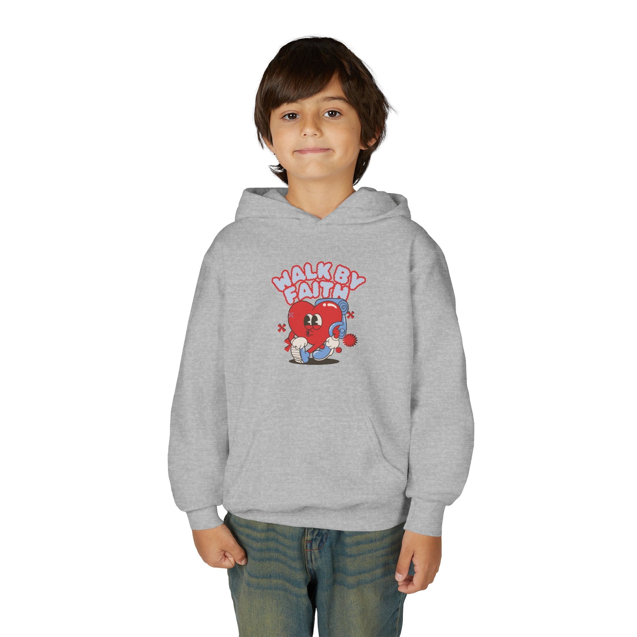Youth Hoodie — 'Walk by Faith' Cute Heart Character Graphic Sweatshirt