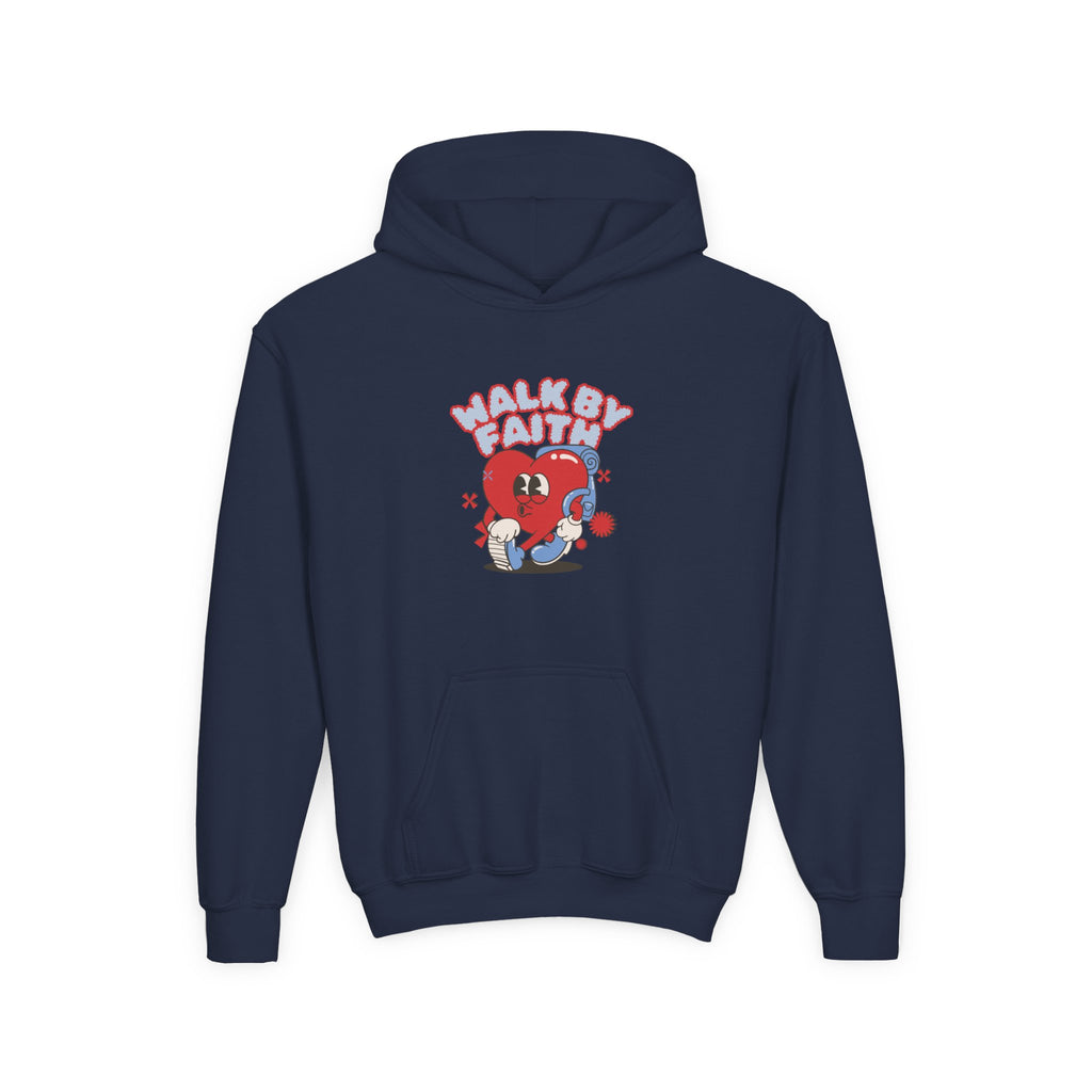 Youth Hoodie — 'Walk by Faith' Cute Heart Character Graphic Sweatshirt