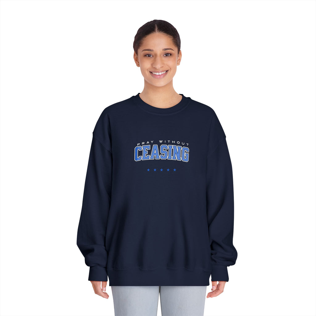 Crewneck Sweatshirt — 'Pray Without Ceasing ' Christian Retro Block Letter Graphic
