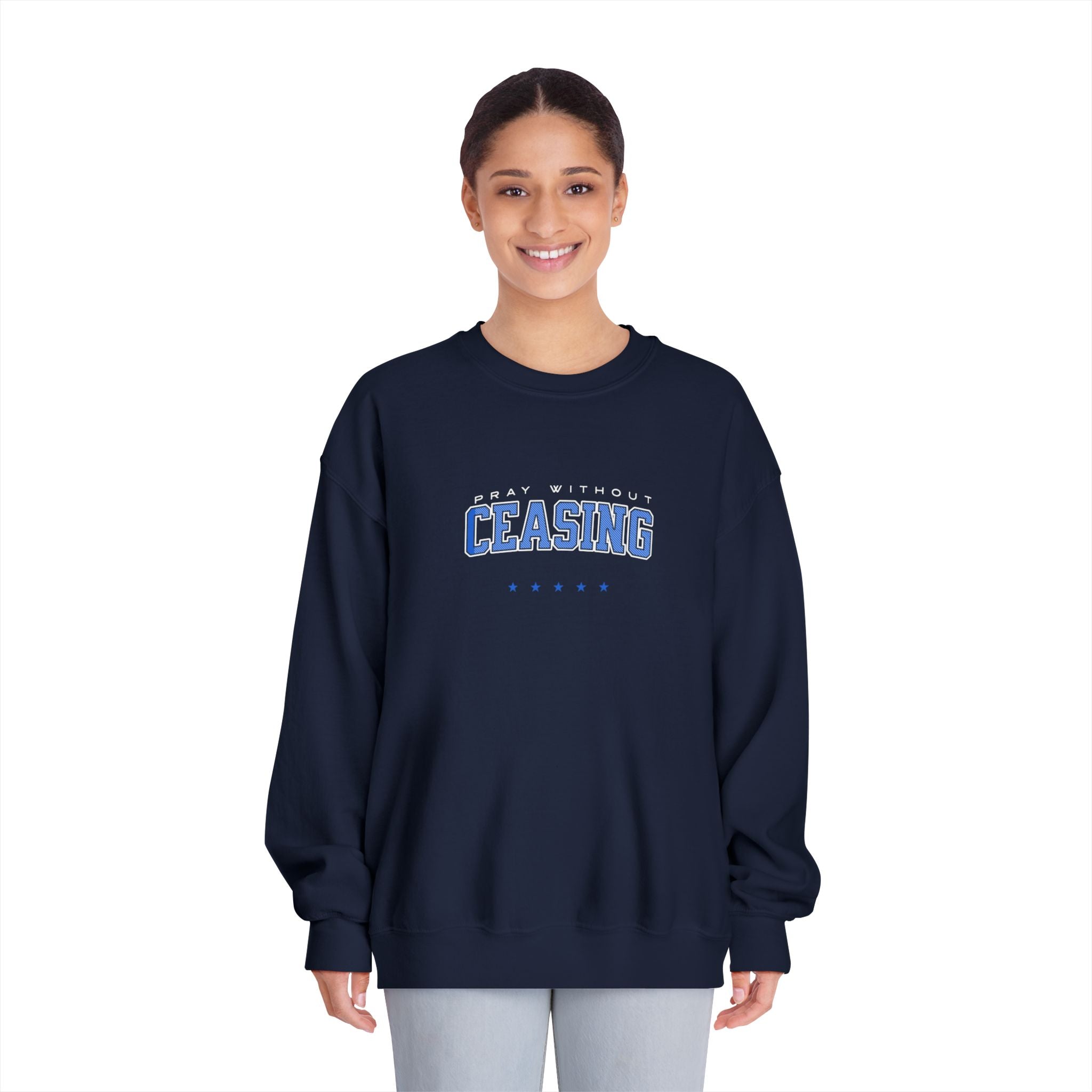 Crewneck Sweatshirt — 'Pray Without Ceasing ' Christian Retro Block Letter Graphic