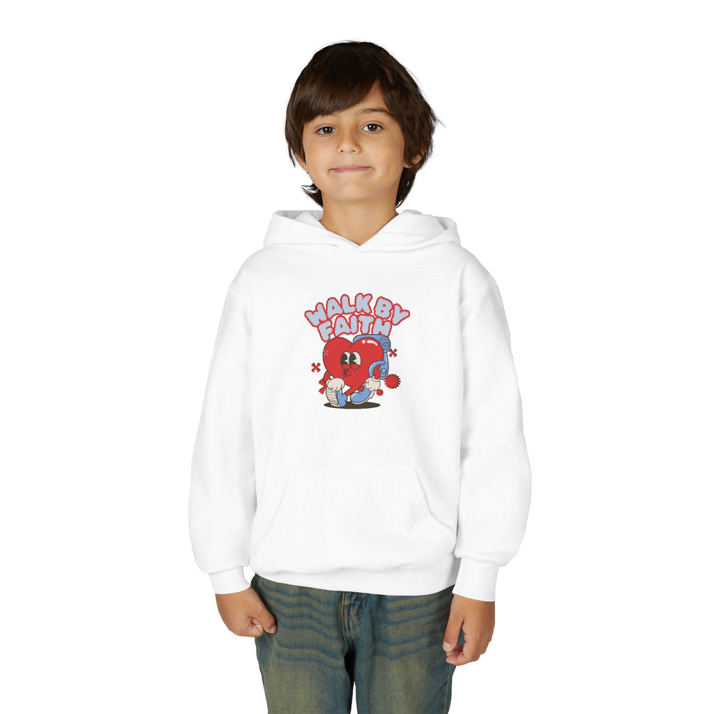 Youth Hoodie — 'Walk by Faith' Cute Heart Character Graphic Sweatshirt