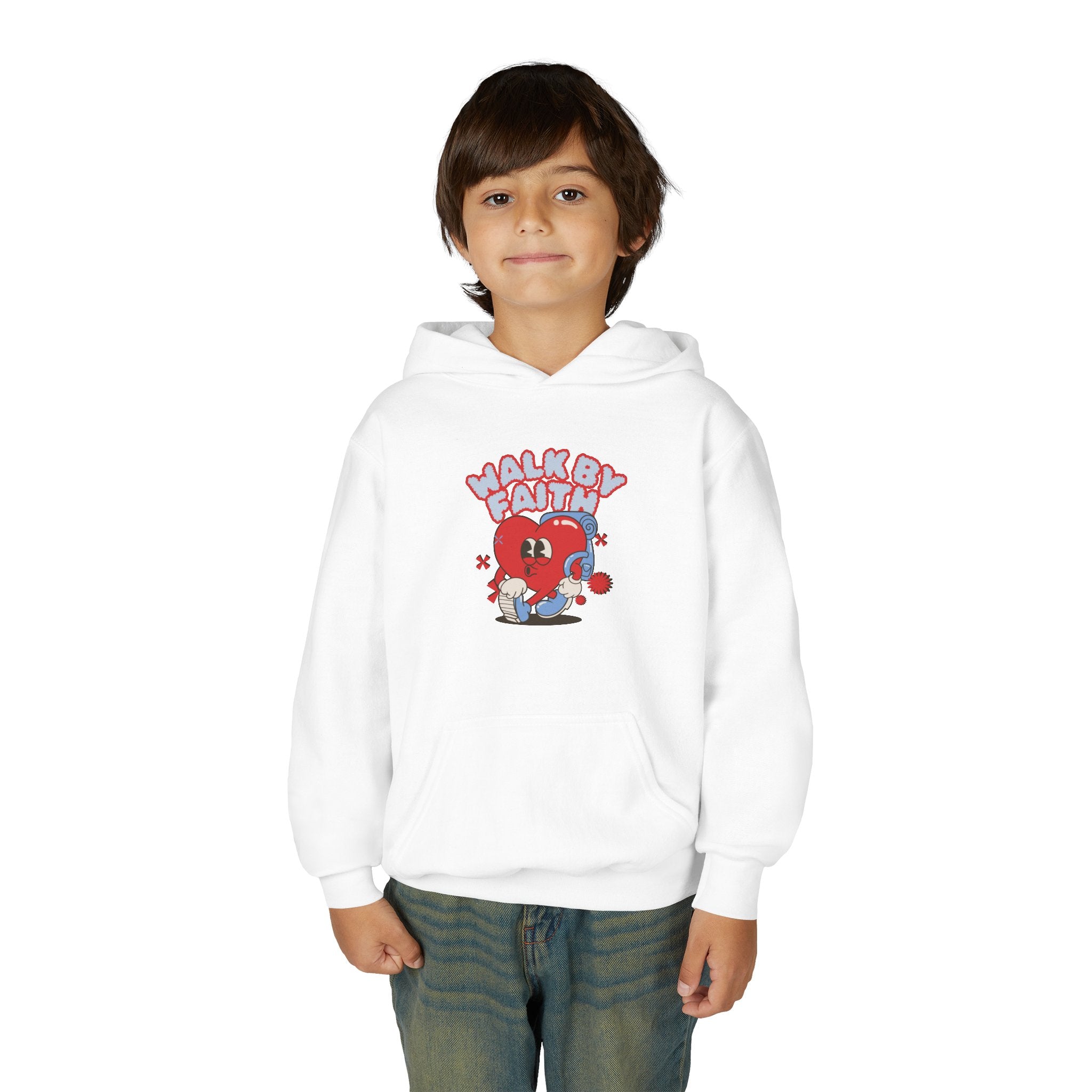 Youth Hoodie — 'Walk by Faith' Cute Heart Character Graphic Sweatshirt