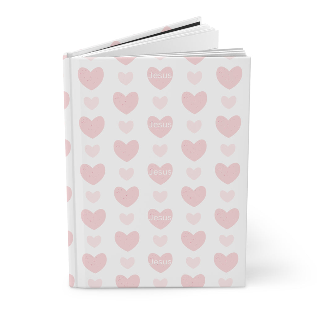 Pink Heart Pattern Hardcover Journal — 'Jesus' Faith-Inspired Notebook