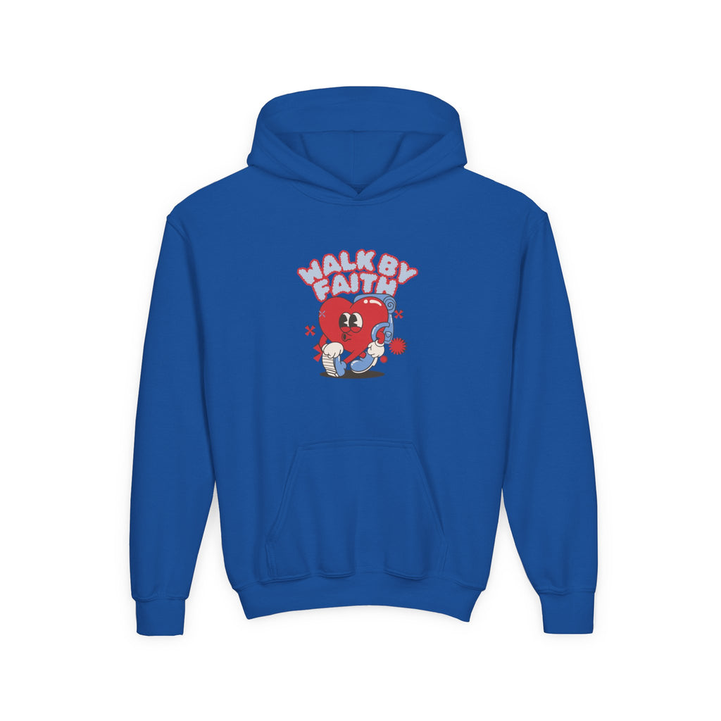 Youth Hoodie — 'Walk by Faith' Cute Heart Character Graphic Sweatshirt