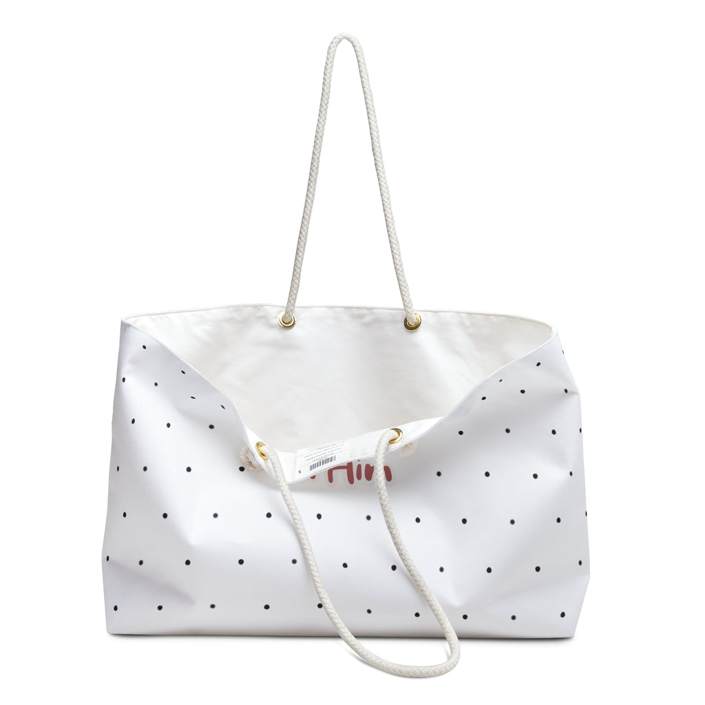 In Him Polka Dot Weekender Bag — Spacious Christian Tote for Weekend Getaways