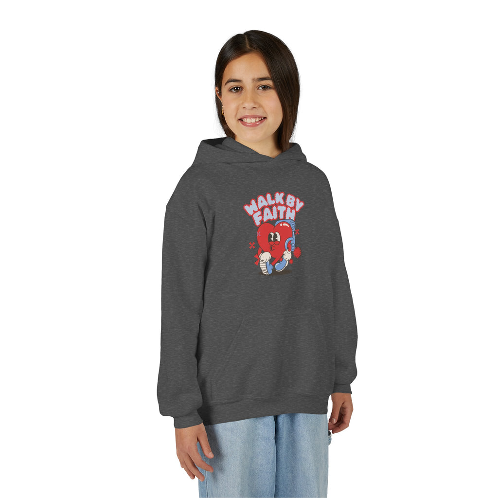Youth Hoodie — 'Walk by Faith' Cute Heart Character Graphic Sweatshirt