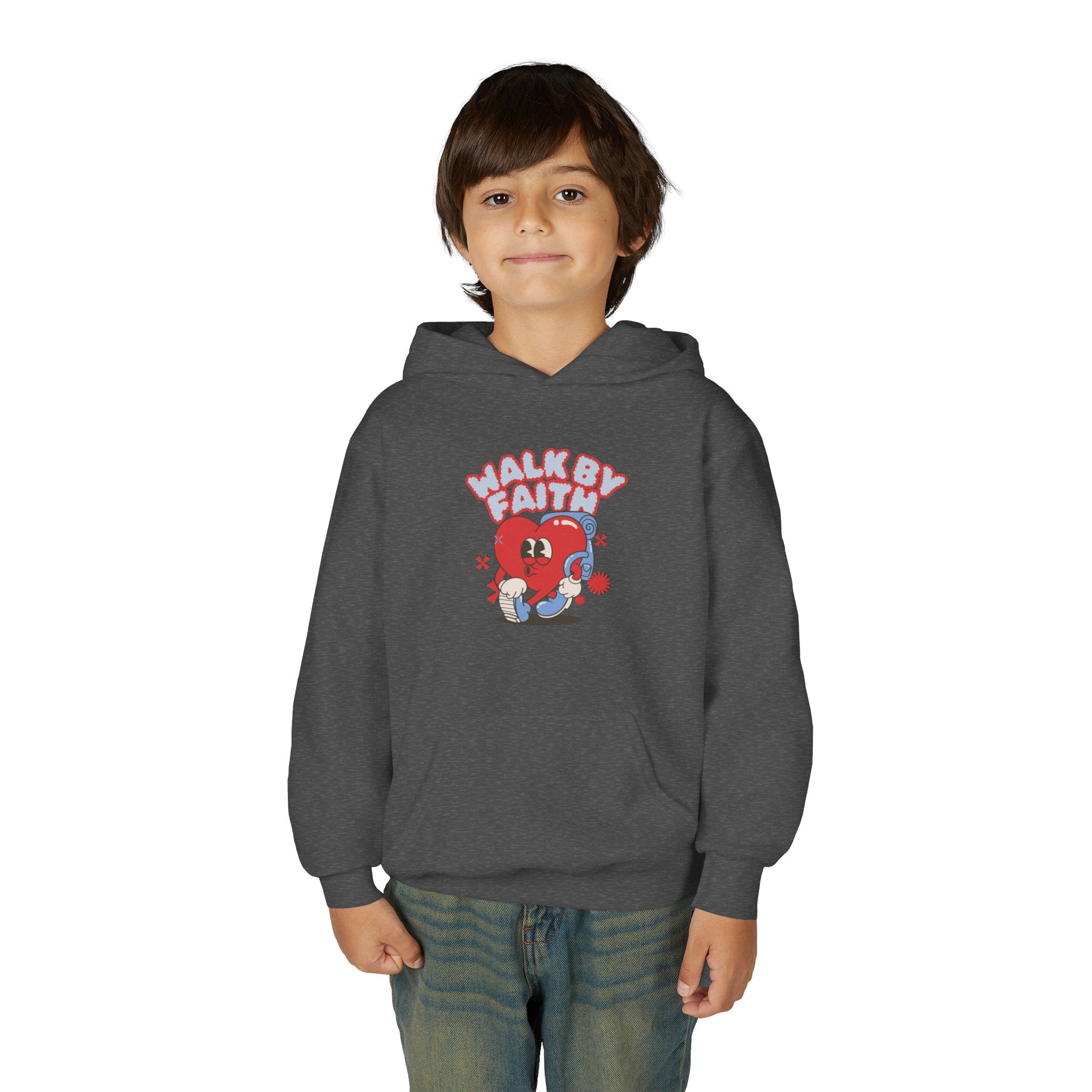 Youth Hoodie — 'Walk by Faith' Cute Heart Character Graphic Sweatshirt