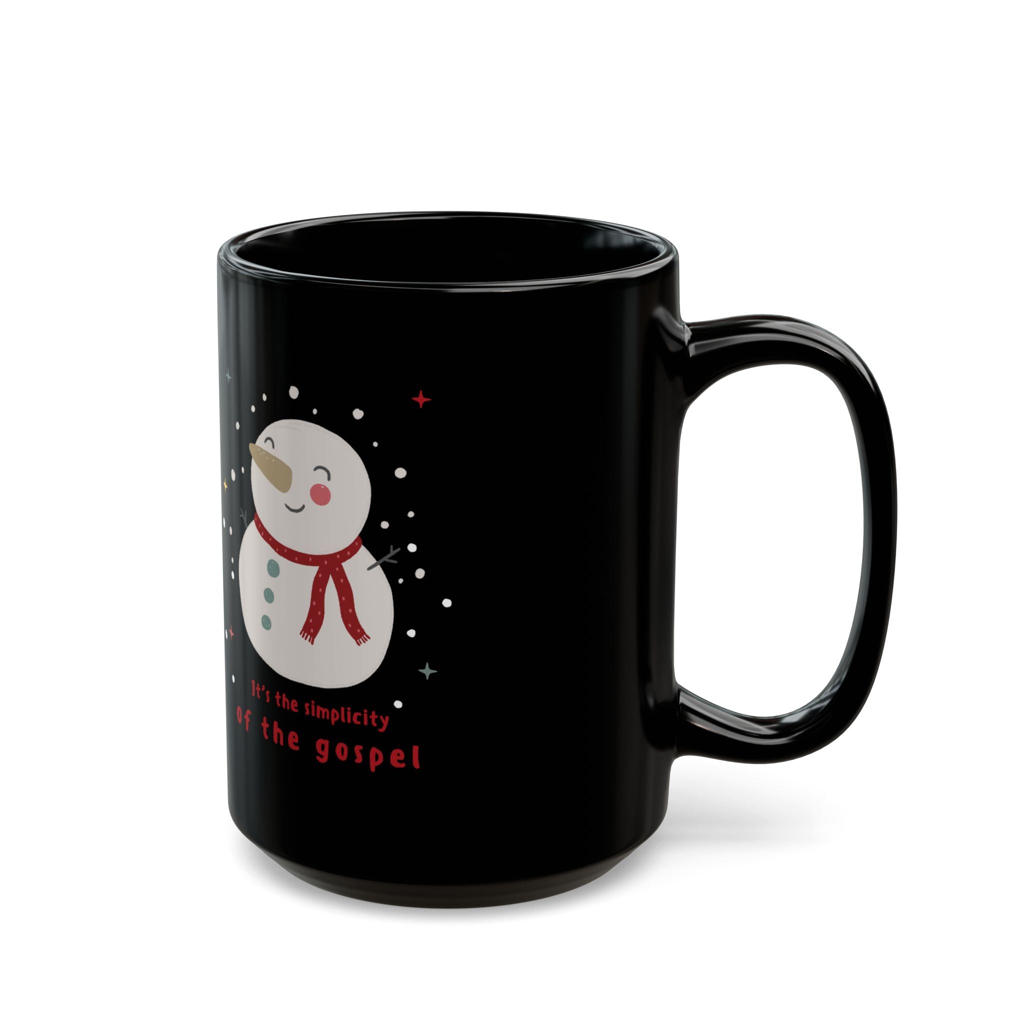 Christmas Snowman Mug — "It's the Simplicity of the Gospel" Black Ceramic Coffee Cup