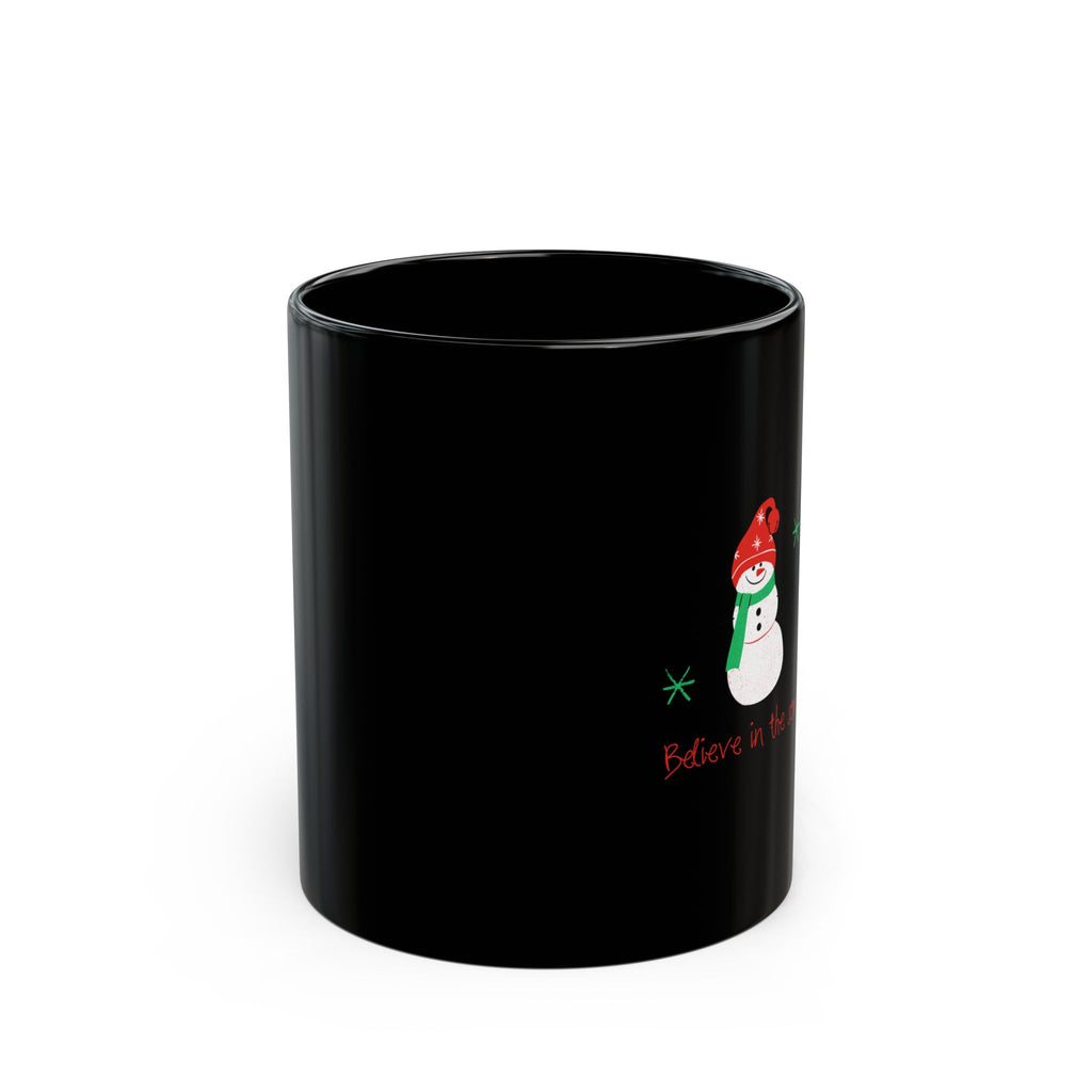Christmas Snowman Black Mug — "Believe in the Son" Holiday Coffee Cup (11oz, 15oz)