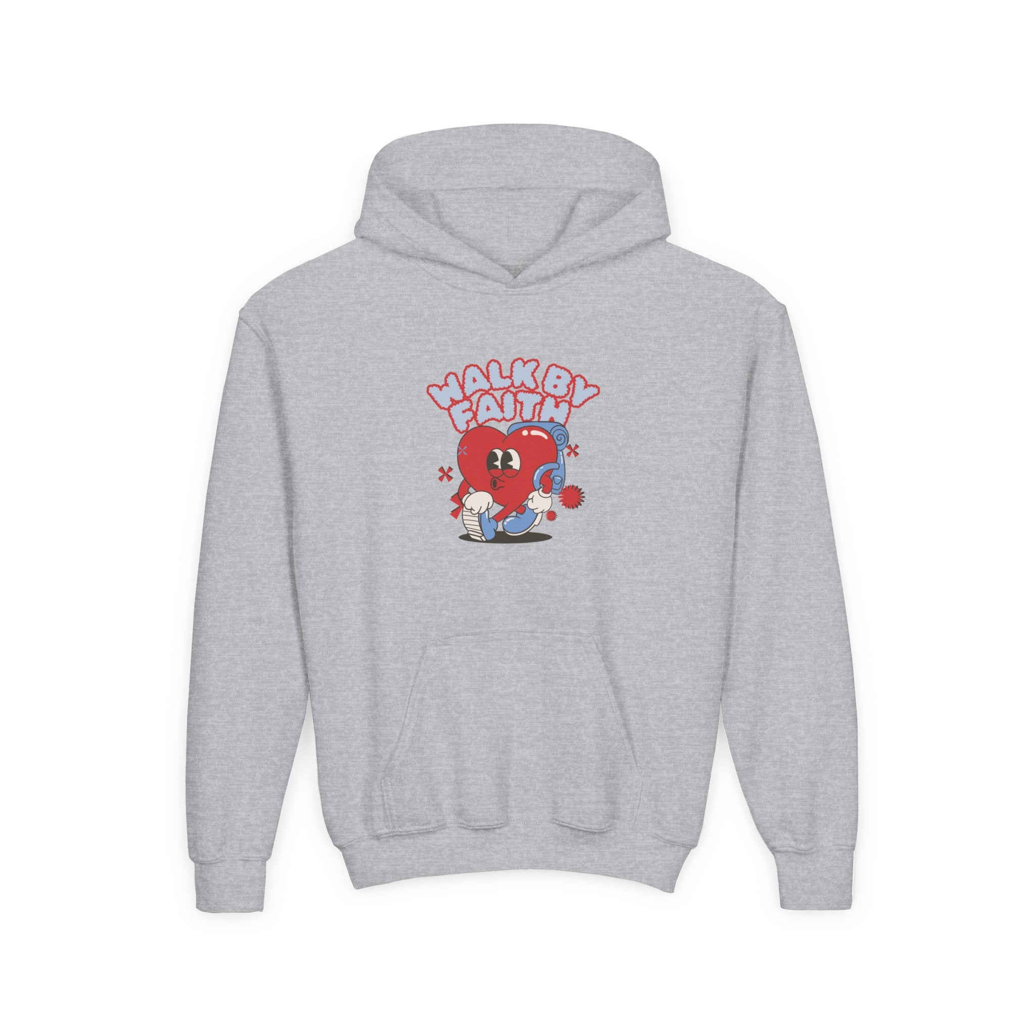 Youth Hoodie — 'Walk by Faith' Cute Heart Character Graphic Sweatshirt