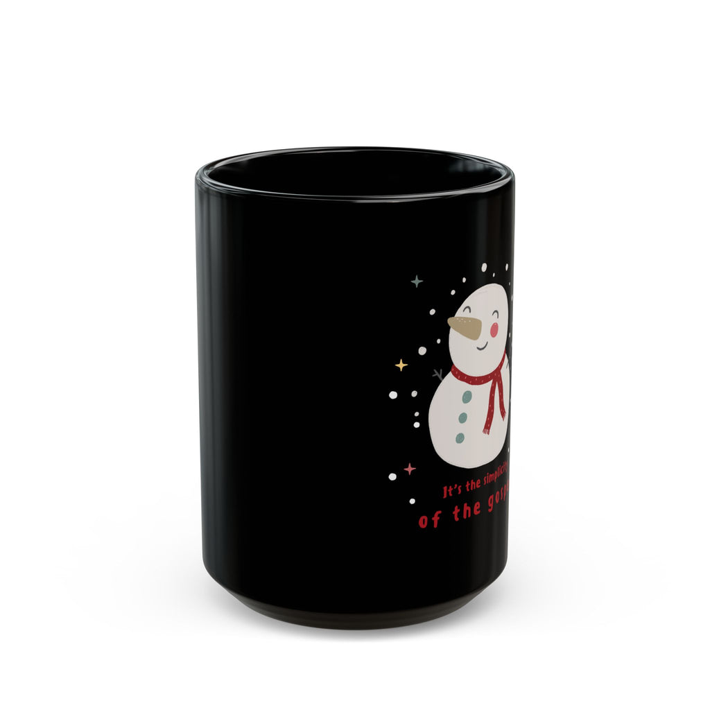 Christmas Snowman Mug — "It's the Simplicity of the Gospel" Black Ceramic Coffee Cup