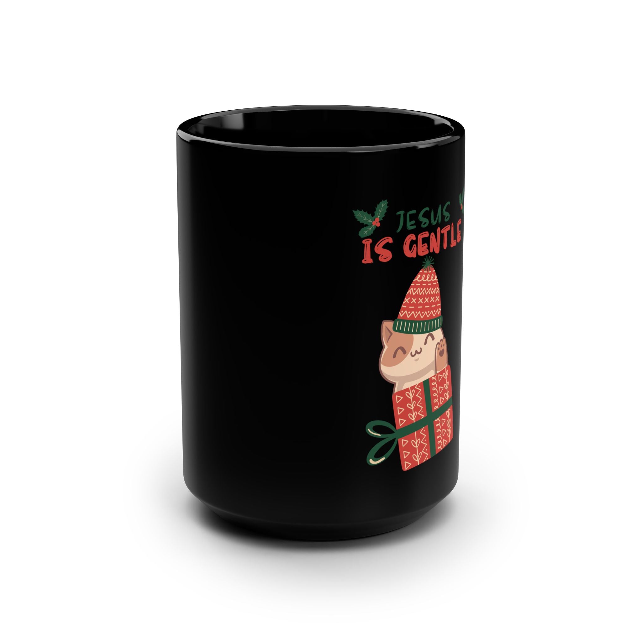 15oz Black Mug — Christmas 'Jesus Is Gentle' Cute Elf Gift Mug