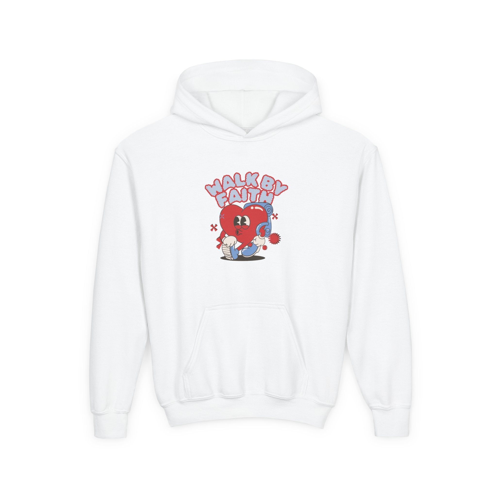 Youth Hoodie — 'Walk by Faith' Cute Heart Character Graphic Sweatshirt